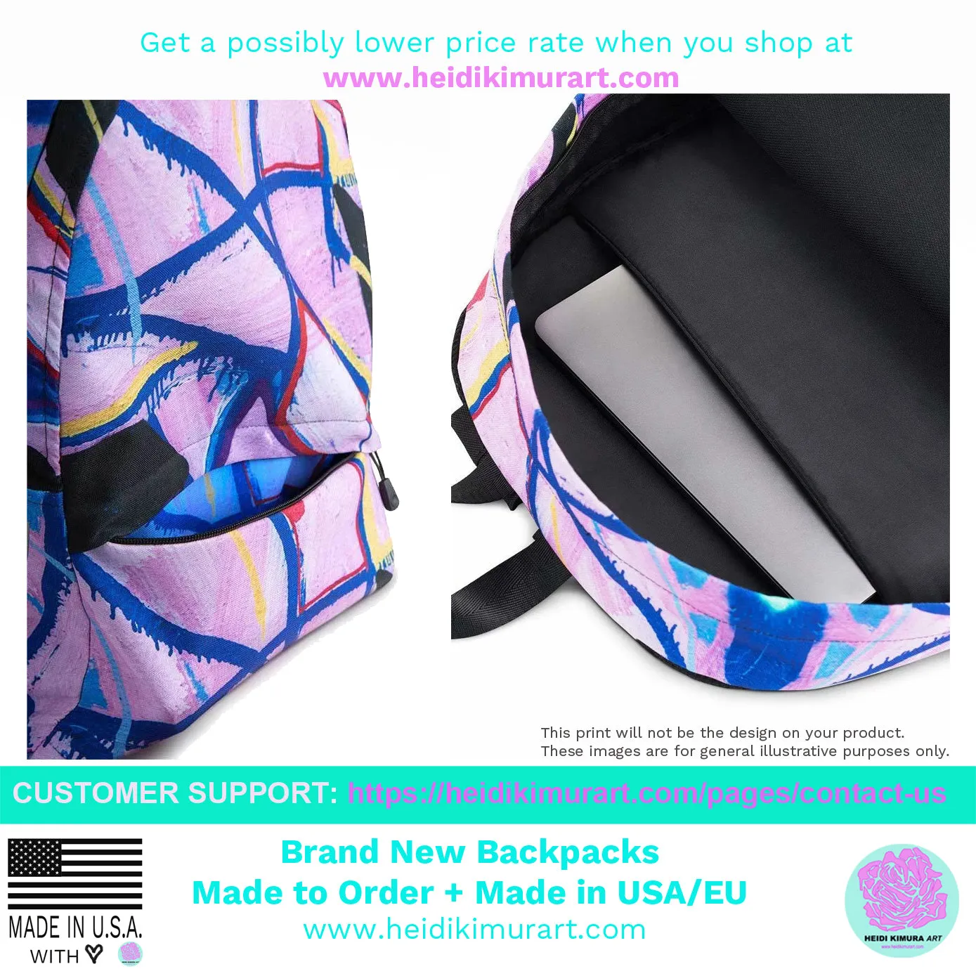 Black Rock Star Backpack, Star Pattern Premium Med. Size Laptop Bag - Made in USA/EU
