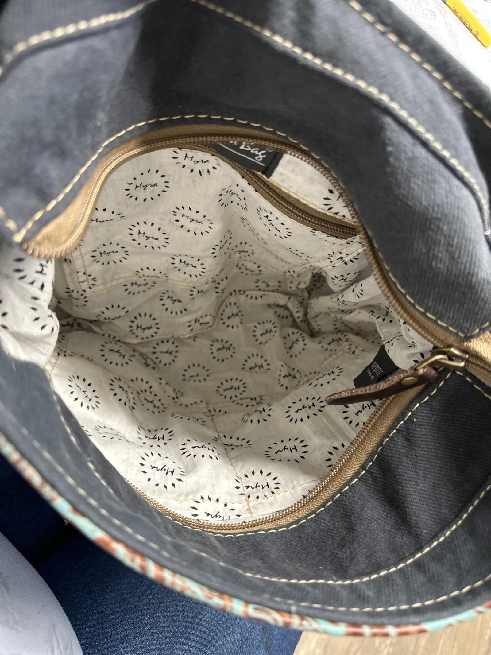 Cowhide, Tapestry and leather shoulder bag with leather strap
