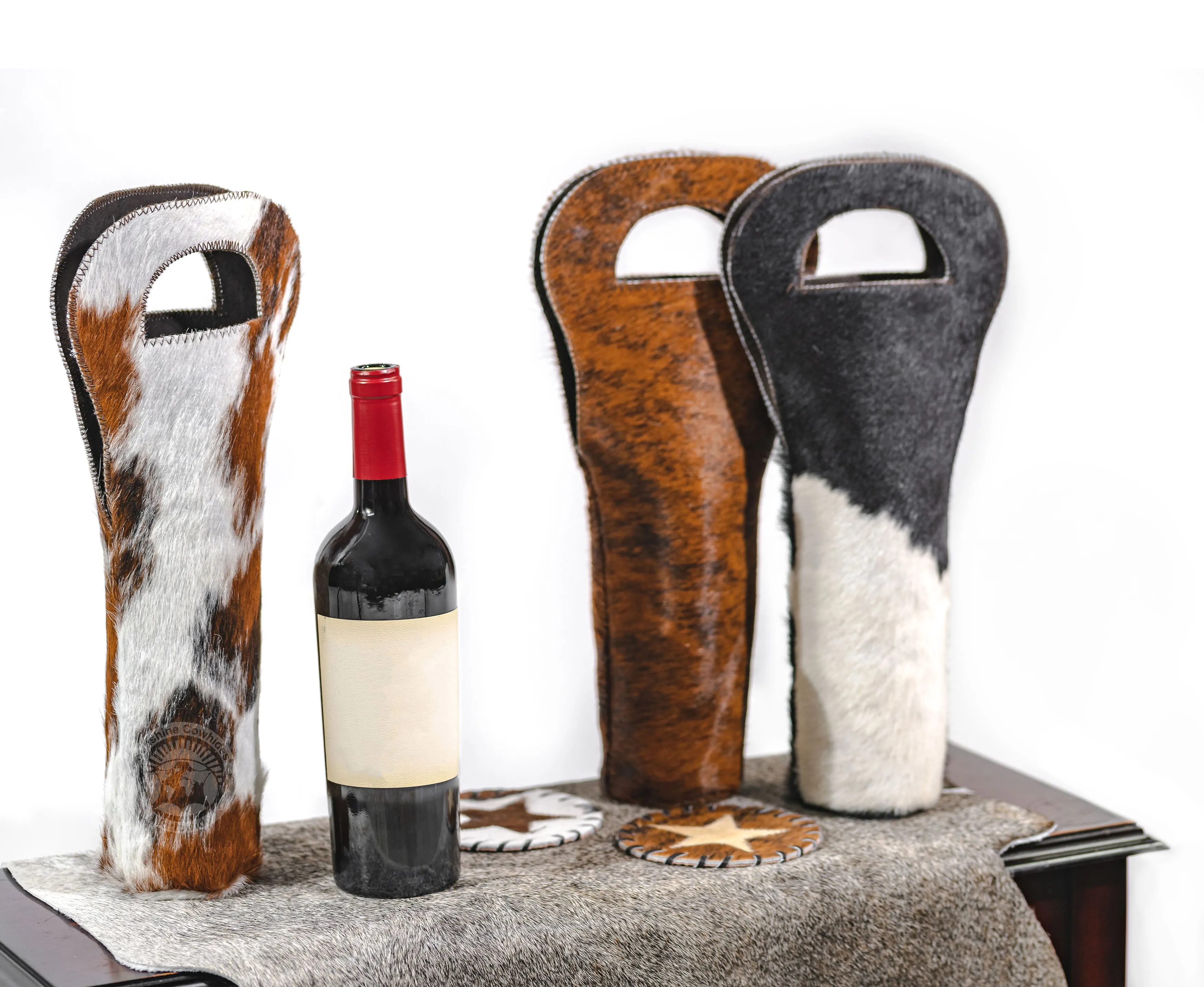 Cowhide Wine Bottle Holder - Salt & Pepper Mostly White