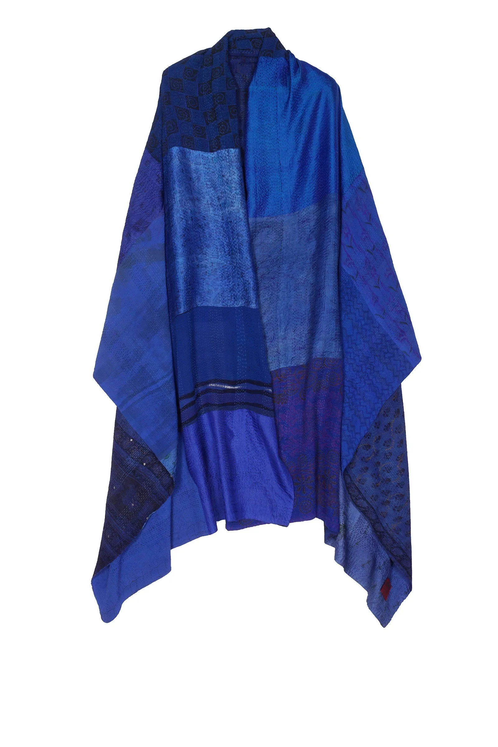 GEORGETTE VINTAGE SILK PATCH KANTHA SHAWL LARGE - gs2803-blu -