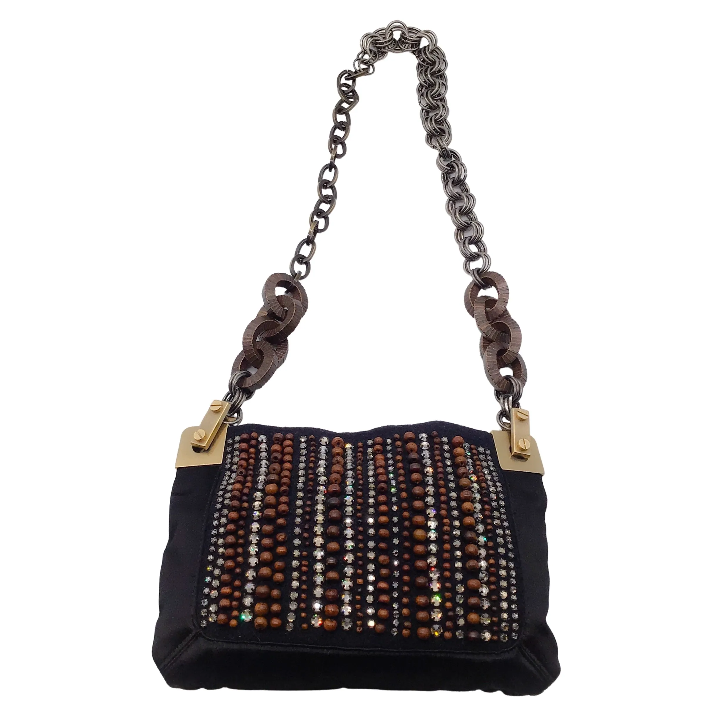 Lanvin Black Beaded and Rhinestone Embellished Silk Shoulder Bag