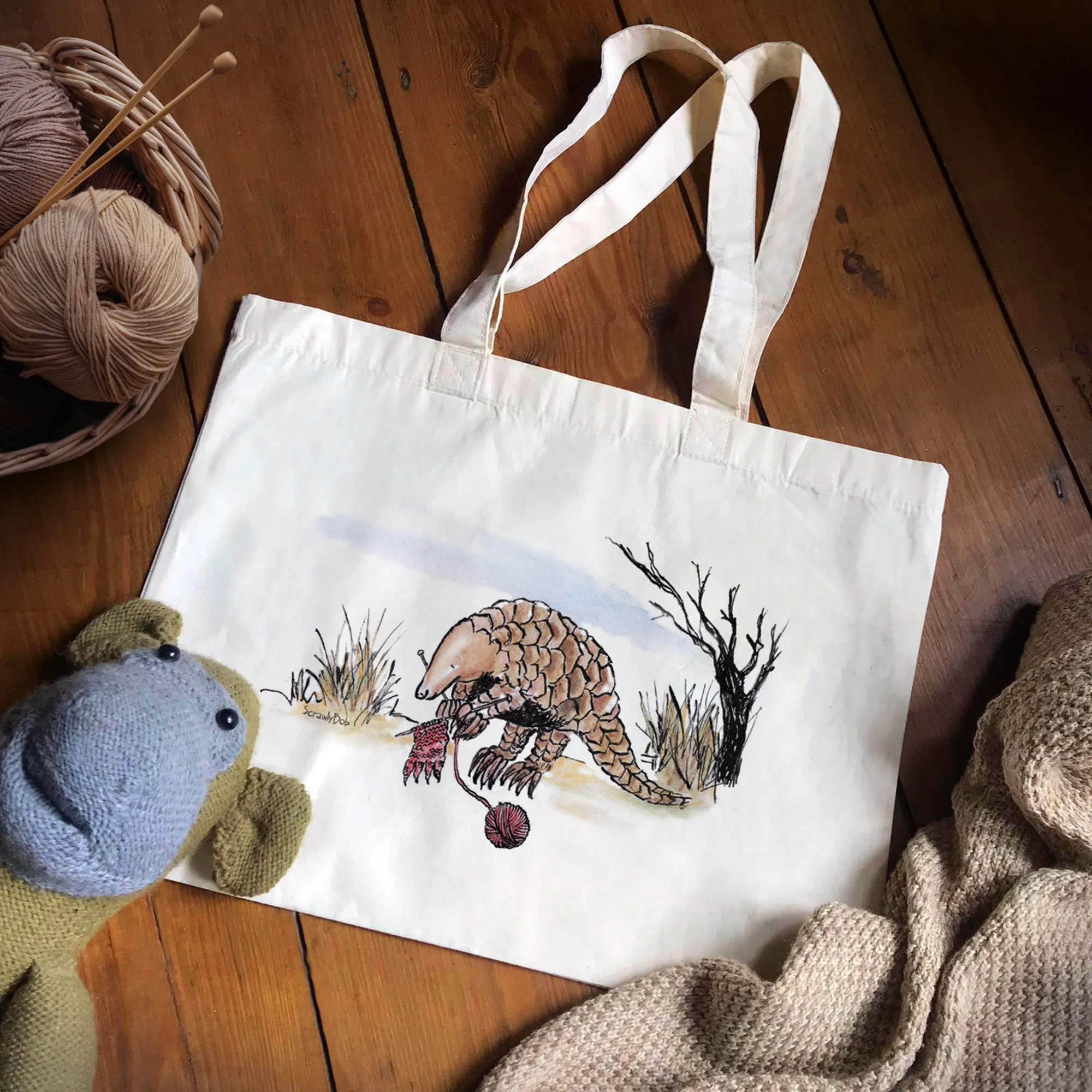 Personalised Knitting Tote Bag, Cyril Pangolin